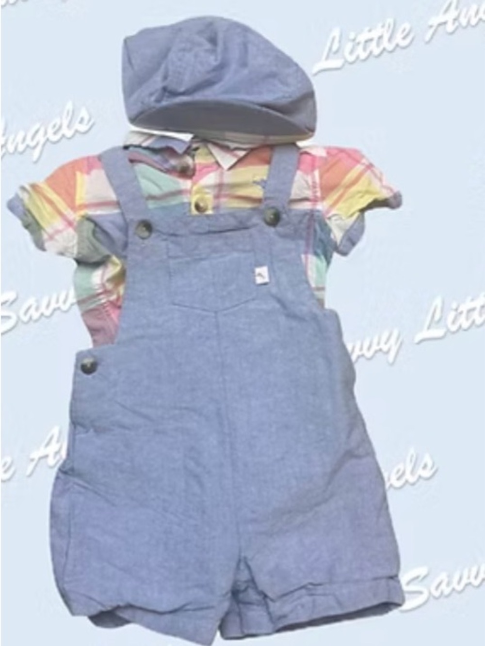 Tommy Bahama Easter Blue Short Denim-Style Kids Overalls with Cap 18 months